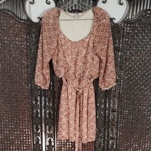 Floral Print Dress with Belt Speeklers Large 3/4 Sleeve Orange Print Boho